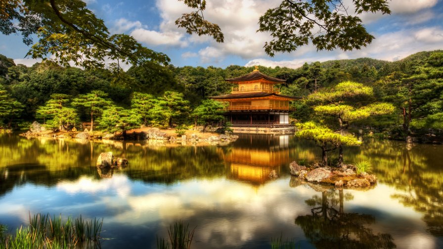 Beautiful Lake with Single House and Green Forest