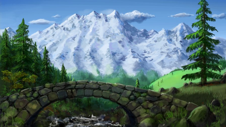 Beautiful Snow Covered Mountains and Old Bridge