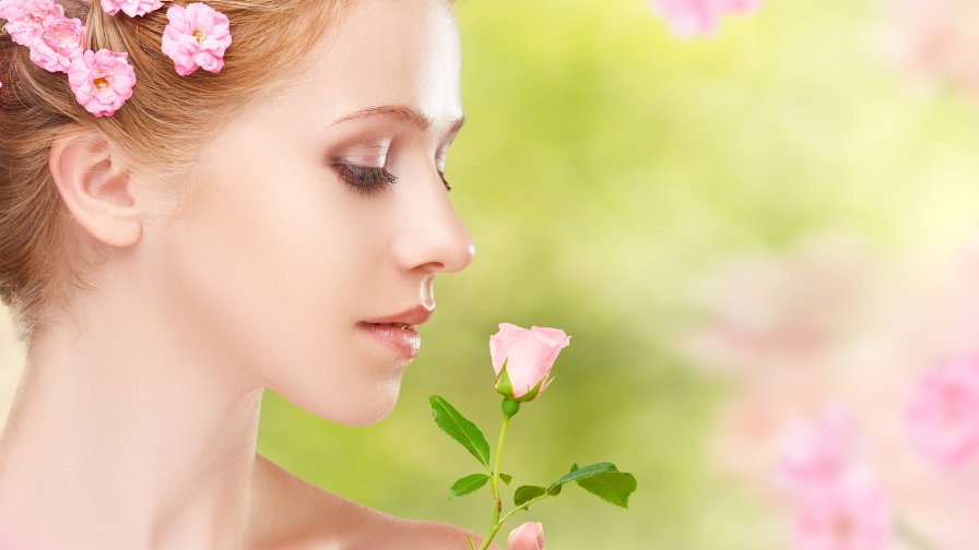 Blonde Sexy Girl with Cute Face and Pink Rose