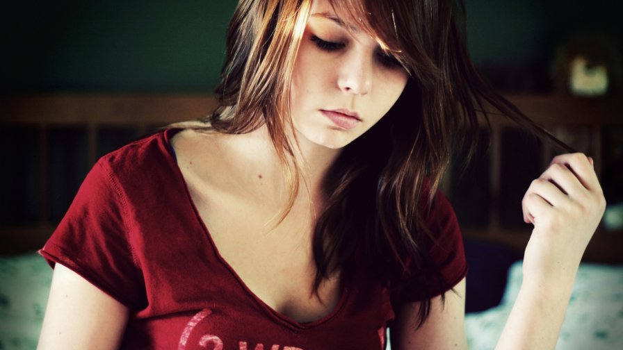 Pretty Young Teen Girl with Red Hair and Cute Sad Face