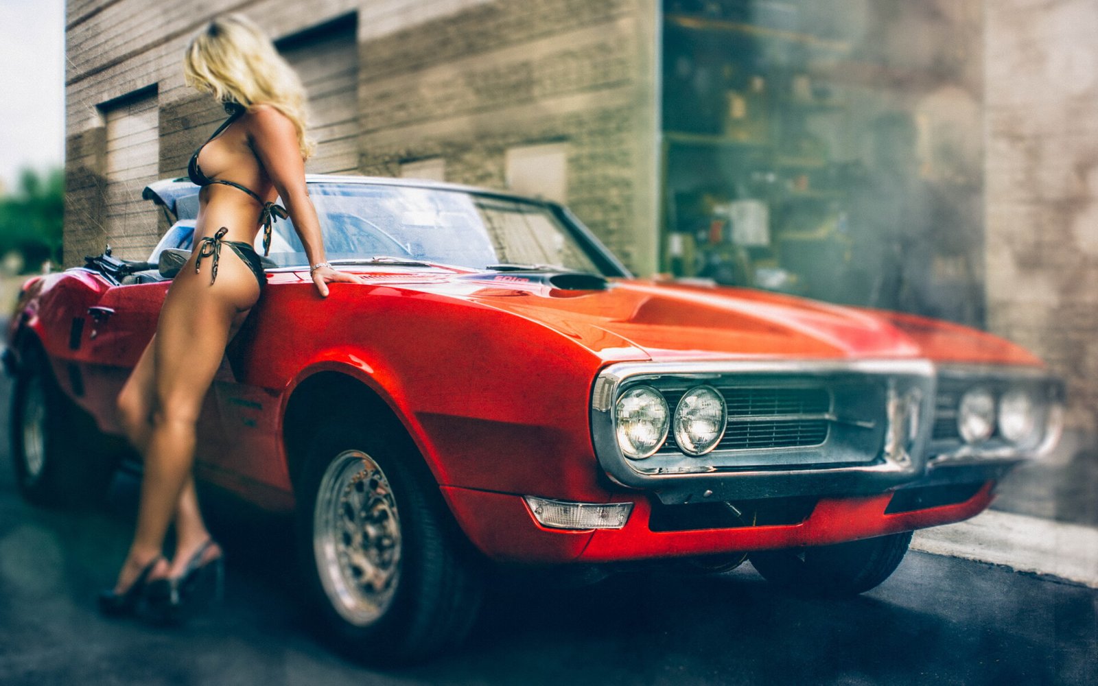 Sexy Hot Blonde Girl in Black Bikini and Old Retro Red Car