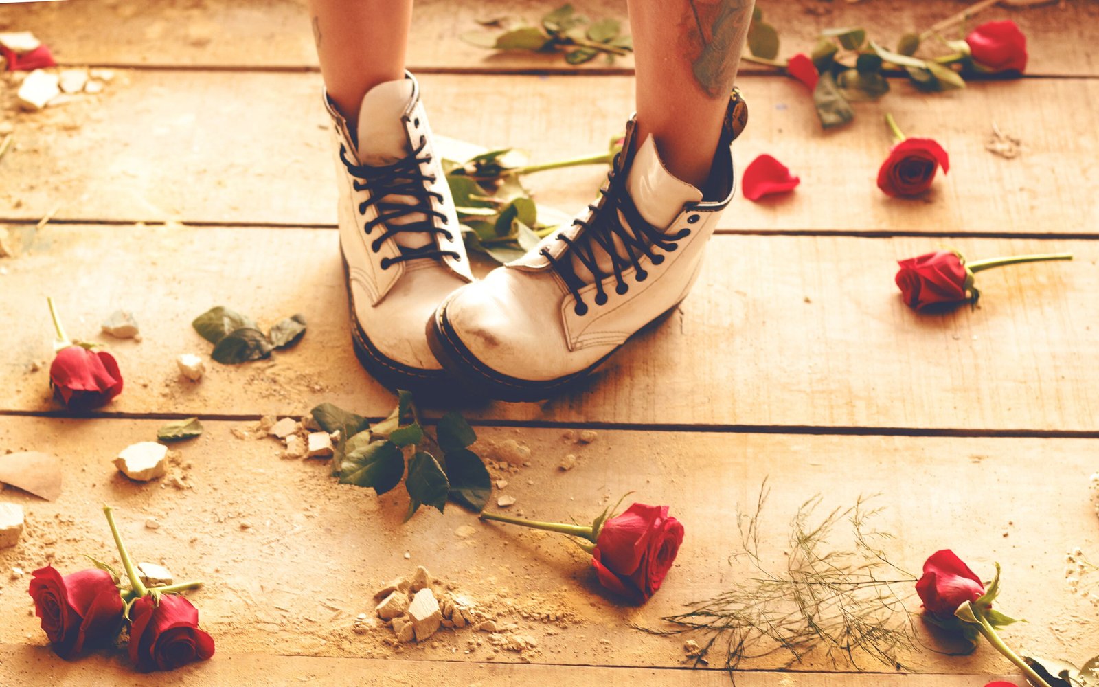 Shoes and Sad Teen Girl with Red Roses on the Floor