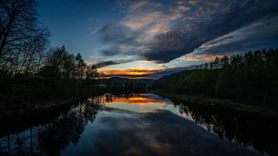 Wonderful Sunset on River Mountains and Forest