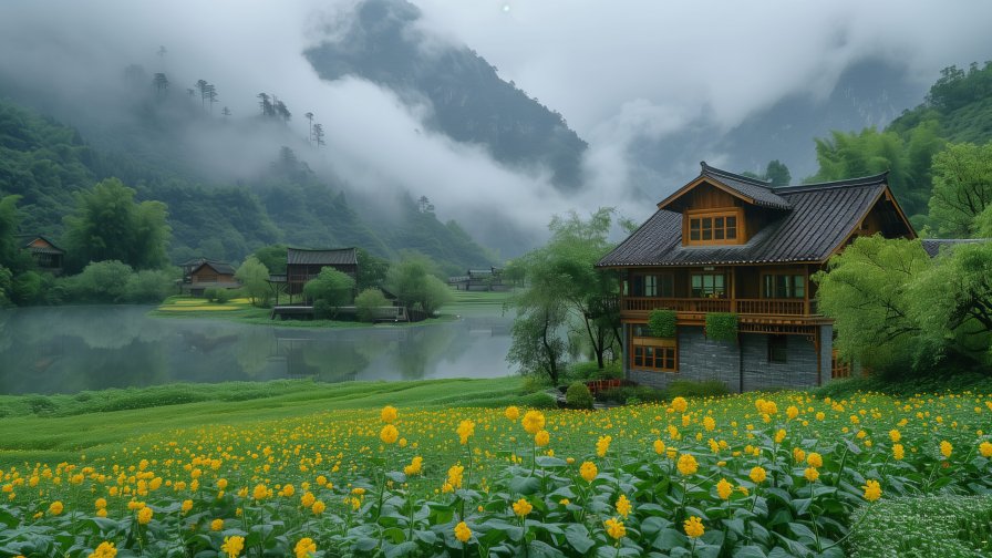 Single House in Foggy Green Forest